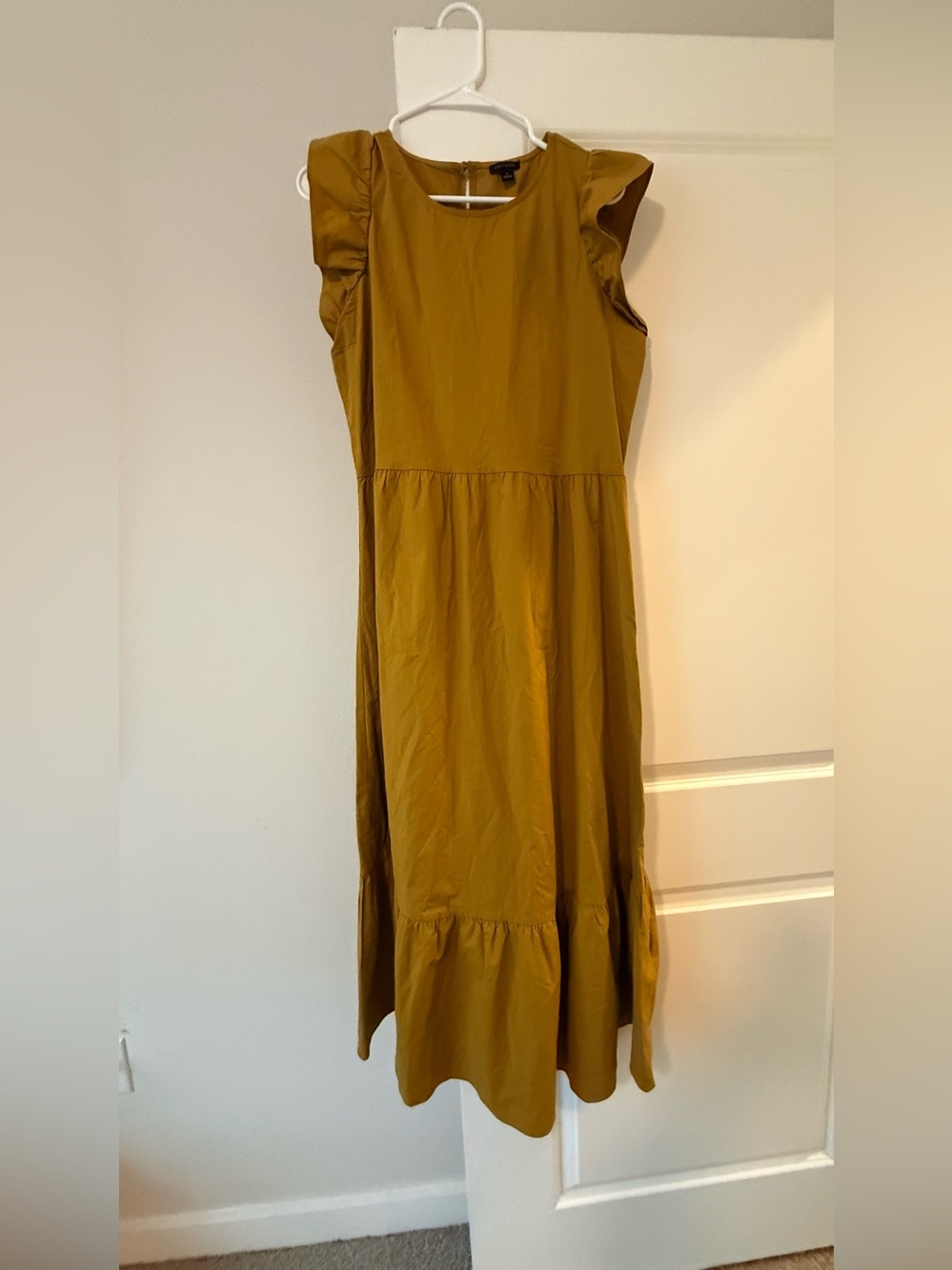 Ann Taylor Mustard Yellow Ruffle Sleeve Tiered Midi Dress Workwear Casual❤️